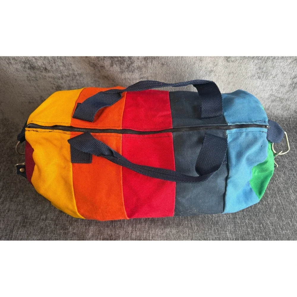VTG Snitz Rainbow Colorblock Canvas Duffel Bag Barrel Duffle Strap Multi Color